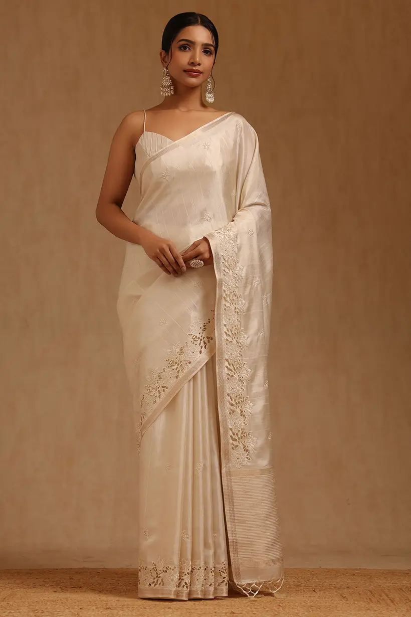 cream tussar hand embroidered saree womens soch